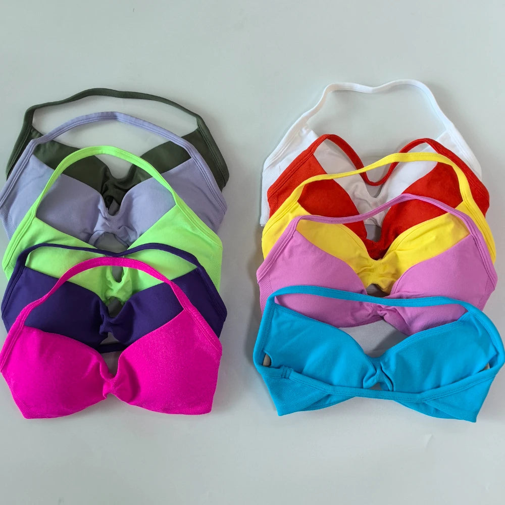 NO LOGO 2PCS Gym Set Women Strappy Yoga Bra Top High Waist Workout Scrunch Shorts Sports Suit Seamless Yoga Set Fitness Clothes