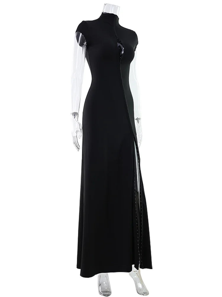 CNYISHE Short Sleeve O Neck Women Dresses Split Metal Buckle Solid Sheath Sexy Club Fashion Evening Party Outfits Female Bodycon