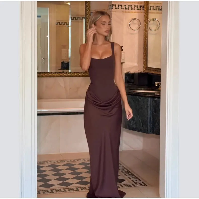 Women's Red Pleated Sling Maxi Dress Square Neck Sleeveless Off-shoulder Waist Cinching Slim Dresses Fashion Evening Party Gowns
