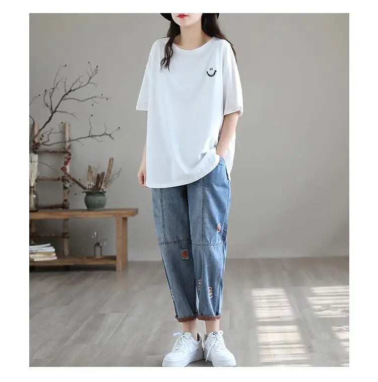 Nine Point ripped Jeans For women Summer 2025 new Loose Thin Elastic waist Casual Harem pants Female denim Ankle Length pants