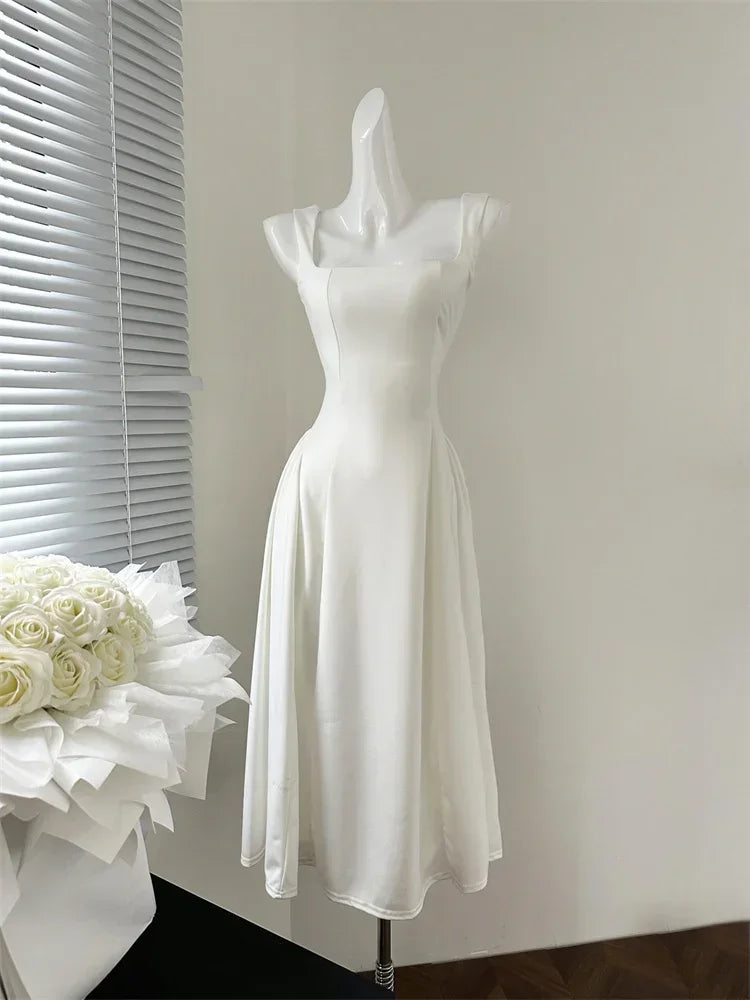 Elegant Korean Fashion Summer Evening Party Red U-neck Sling Dress Lady Casual High Waist Sleeveless Strap Mini Dress for Women