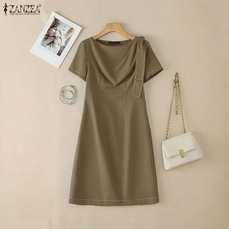 ZANZEA Elegant Women OL Work Dresses 2026 Summer Short Sleeve Solid Knee Length Dress Robe Stylish A Line Waisted Party Vestidos