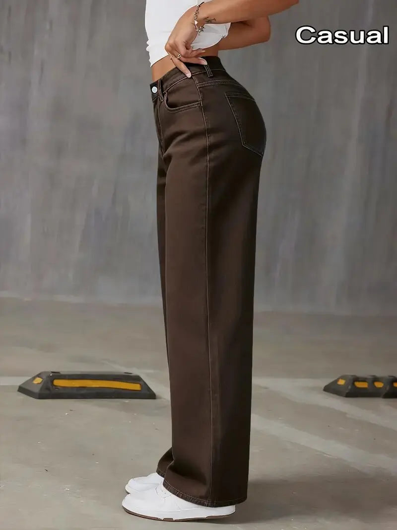 Women's Coffee Brown Wide Leg Jeans High Waisted Super Stretchy Loose Fit Denim Trousers Streetwear