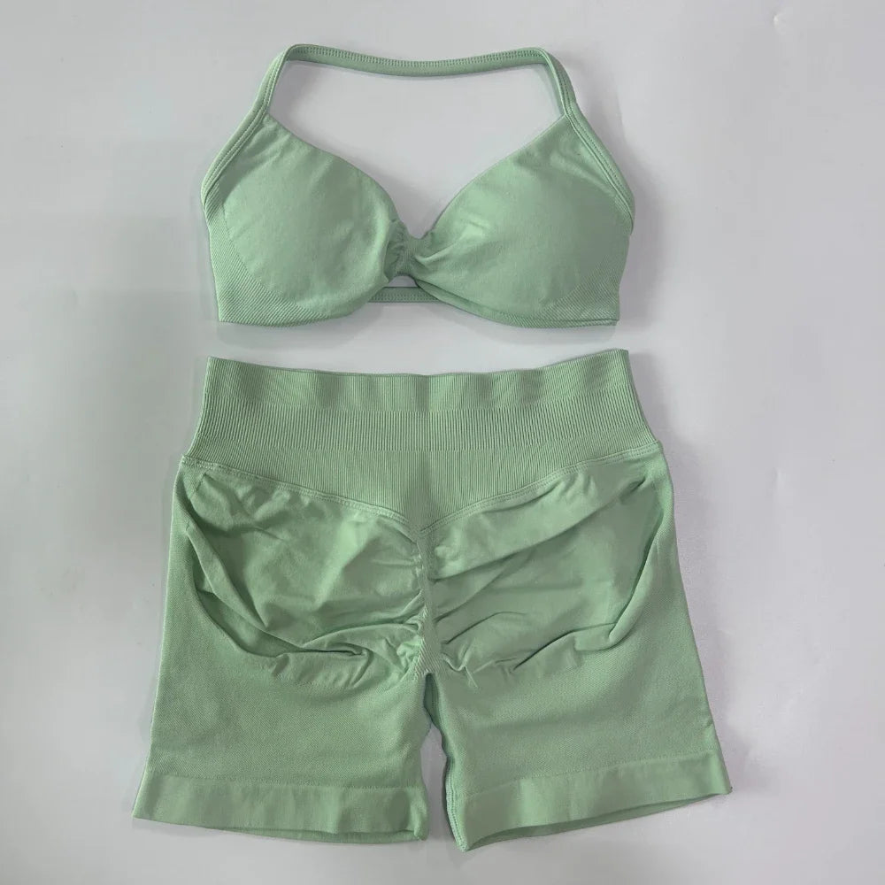 NO LOGO 2PCS Gym Set Women Strappy Yoga Bra Top High Waist Workout Scrunch Shorts Sports Suit Seamless Yoga Set Fitness Clothes