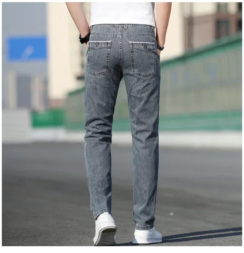 2025 Summer New Men's Loose Gray Jeans Fashion Casual Stretch Straight-leg Denim Pants Male Light Blue Men's Trousers