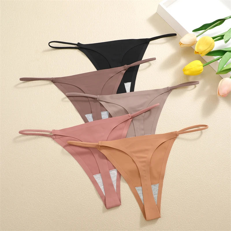 5PCS Seamless Underpants Women Ice Silk Thongs Sexy Low Waist Bikini T-back Female Solid Color Traceless G-String Panties XS-XL