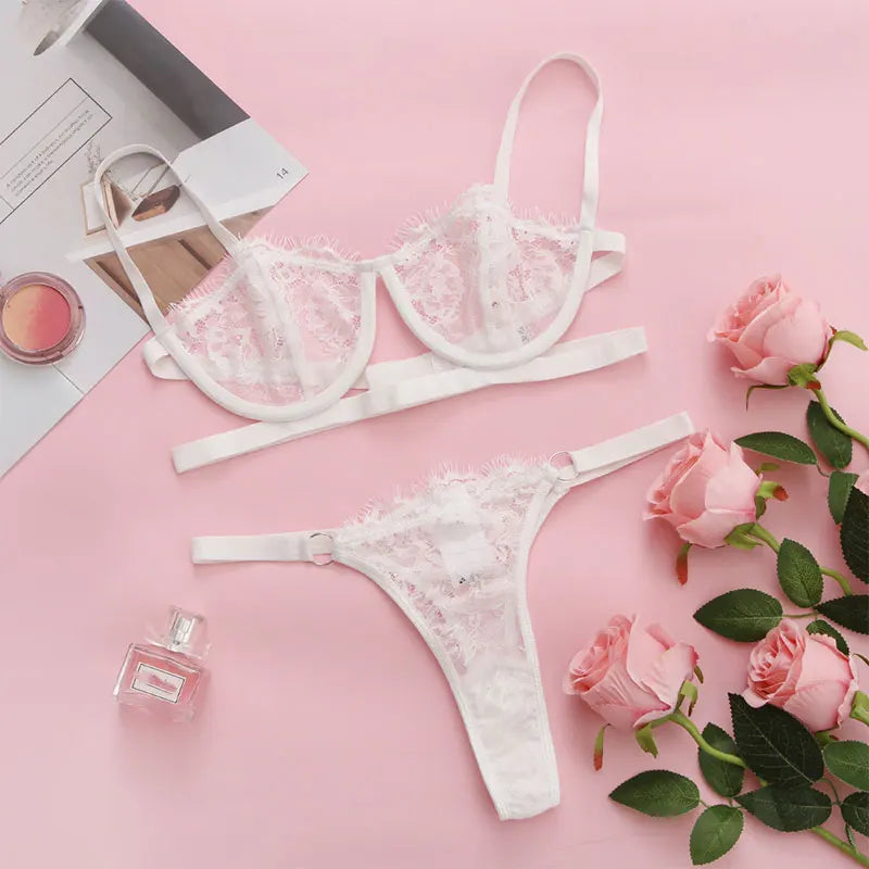 Lace Sheer Bra Cute Women's Pajama Set With Panties Embroidery Sexy Lingerie Steel Ring Push-Up Body Bras Femme Sleepwear Sets
