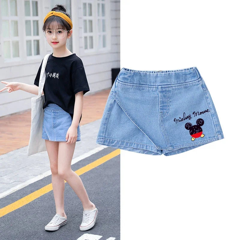 Kids Clothes Elastic Waist Fake Skirt Denim Shorts Jeans for Girls 3-12 Years -Minnie Kuromi Strawberry Bear Printed‌ Fake Skirt