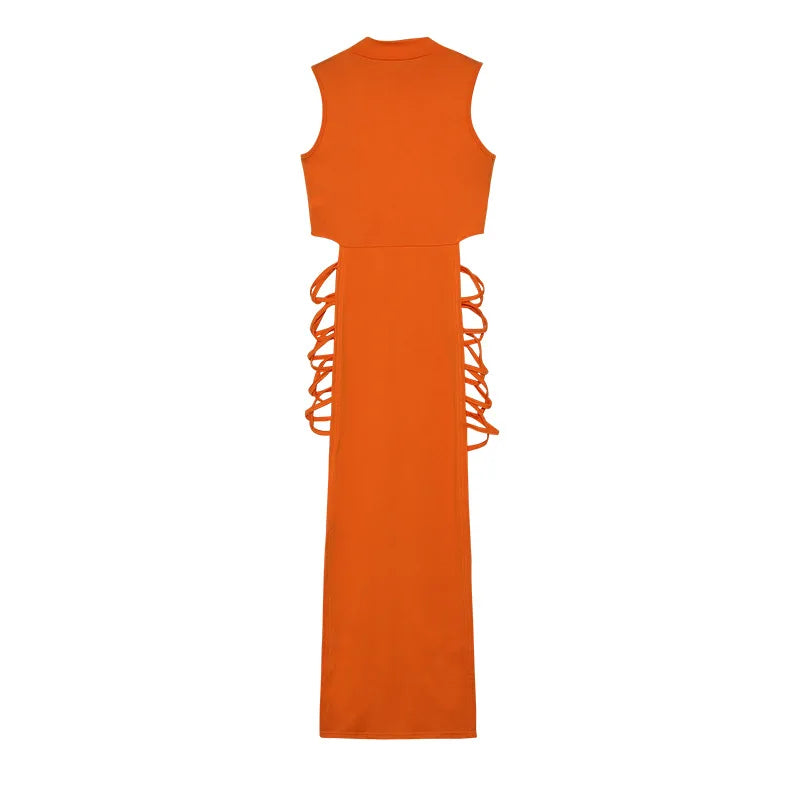 Women Sleeveless Turtleneck Bandage Tank Slit Dress Summer Fashion Sexy Slim Straps Dresses Long Hollow Out Irregular Vestidos