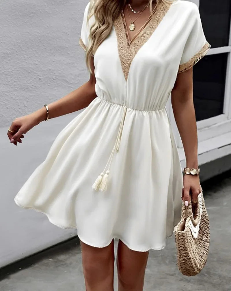 Summer Solid Short Sleeve Lace V Neck Waistband Female Beach Midi Short Dress Elegant Women's Sweet White Solid Color Dresses