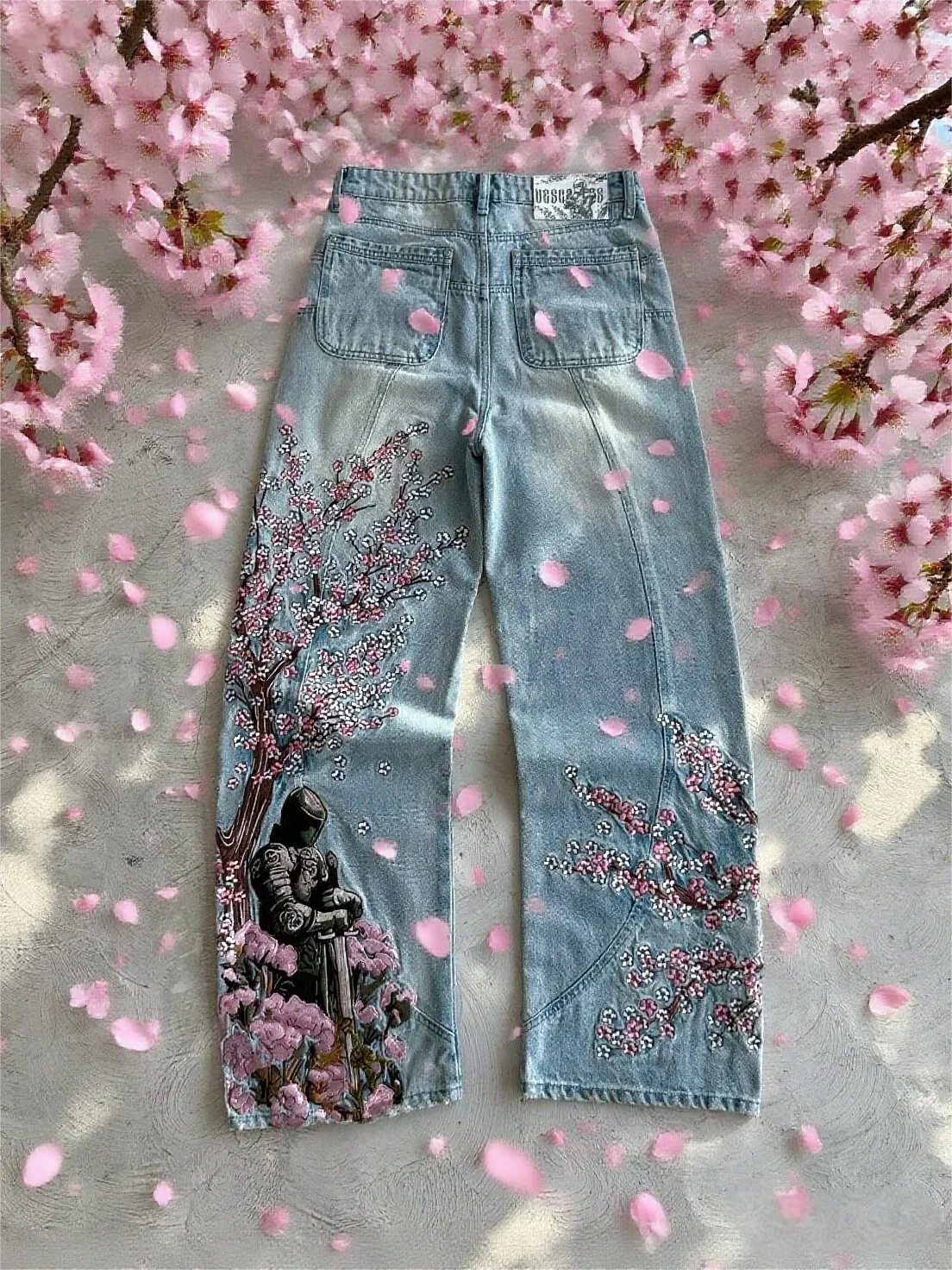 Vintage Cherry Blossom Black Knight Embroidery Jeans Y2k Retro Baggy Straight Denim Pants Blue Wash Jean Men Clothing Streetwear