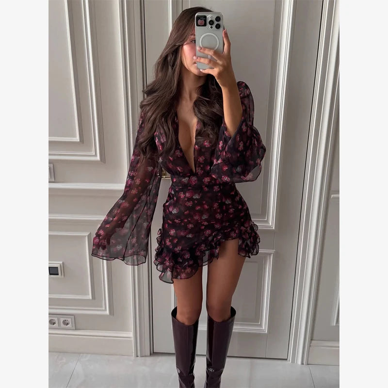 Flora Painted Ruffle Mini Dress Women Elegant Full Sleeve Deep V-neck Slim A-line Dresses 2026 Lady Holiday Street Outwears New