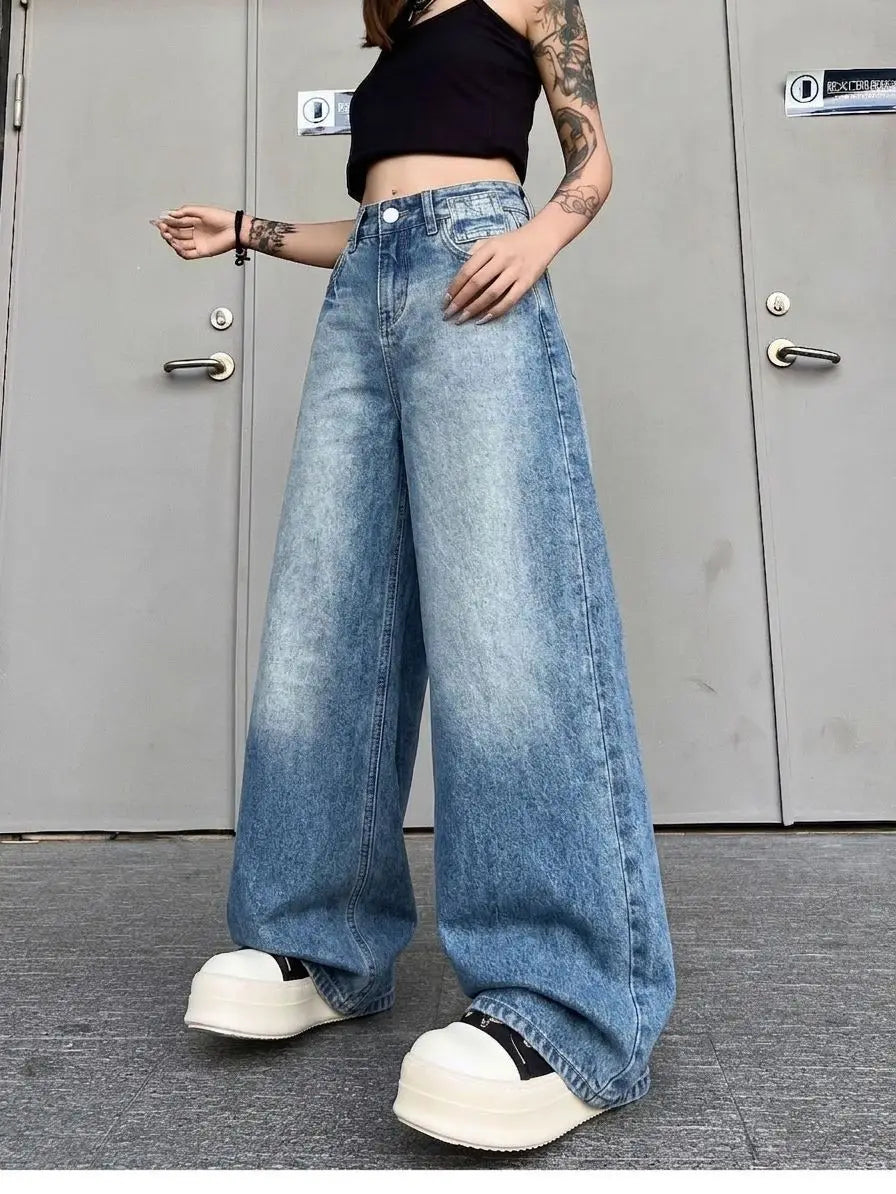 Women's Solid Color Street Style Jeans Cool Girl Bottoms Casual Wide Leg Ripped Denim Pants Female High Waist Baggy Trousers