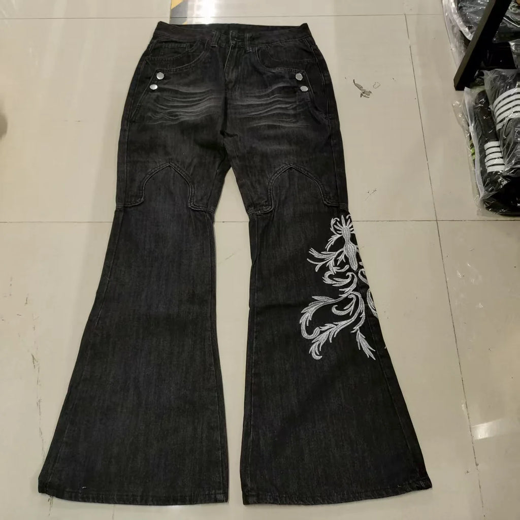 New High Waist Harajuku Loose Embroidered Women Jeans with Rock Punk Style Y2K Micro La Retro Wide Leg Pants