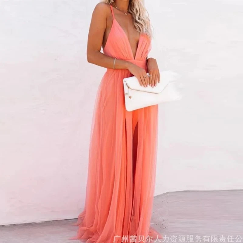 Camisole Dress Backless Sexy Women Party Dresses Spliced V Neck Sleeveless Loose Vestidos Floor Length Summer 2025 Solid