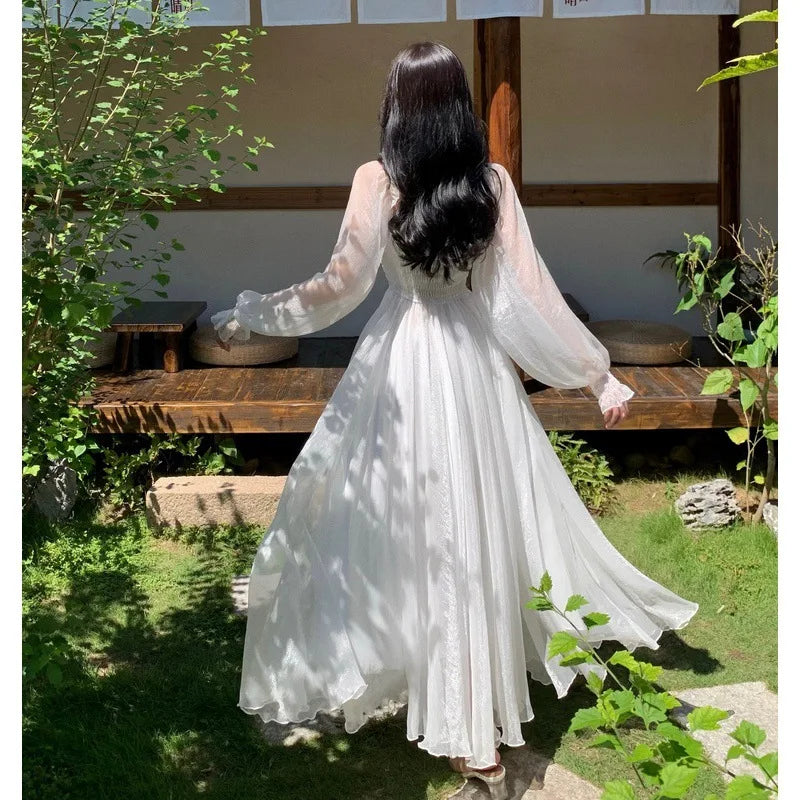 Horetong Elegant Maxi Dresses For Women White Off Shoulder Puff Long Sleeve Elastic High Waist Party Gown Ruffle Holiday Dress