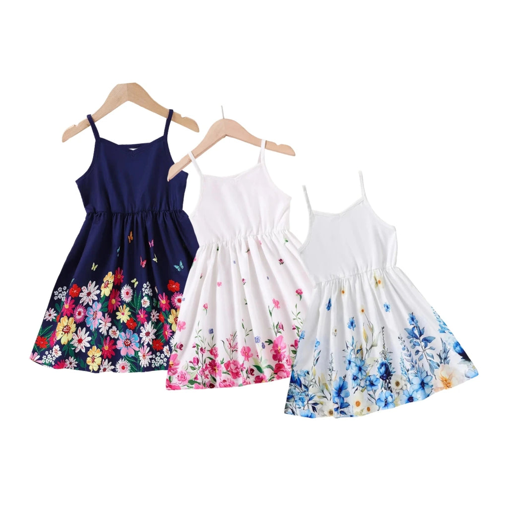 Kids Girl Summer New Sling Dress Flower Print Suspenders Dresses Daily Comfortable Casual Clothing for Children Girl 4-7 Years