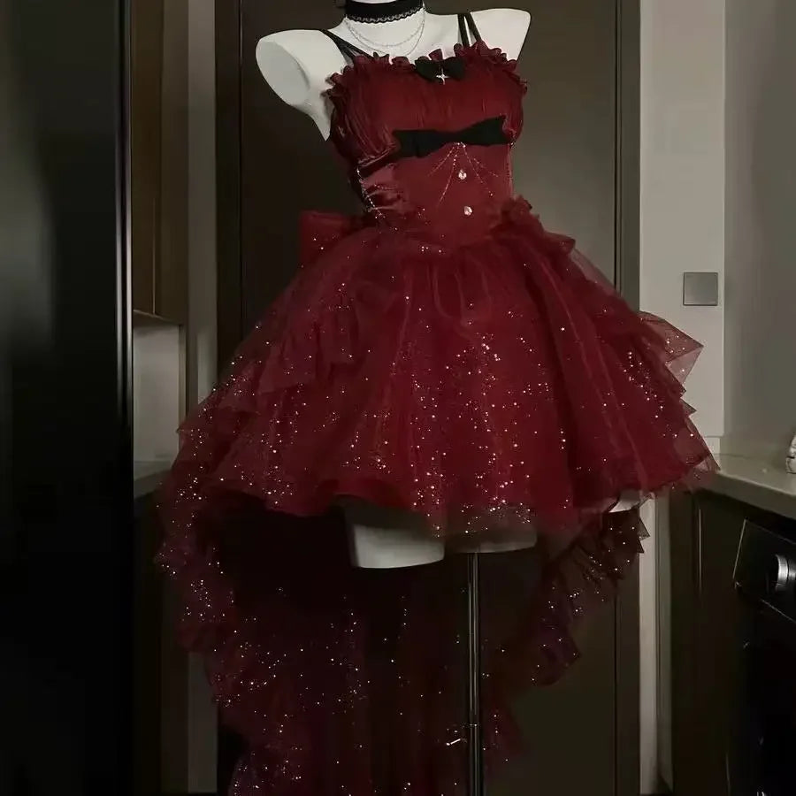 Gothic Red Lolita JSK Dress Women Spaghetti Strap Ruffle Tulle Skirt Chain Bow Decor High Low Hem Vintage Princess Party Dress