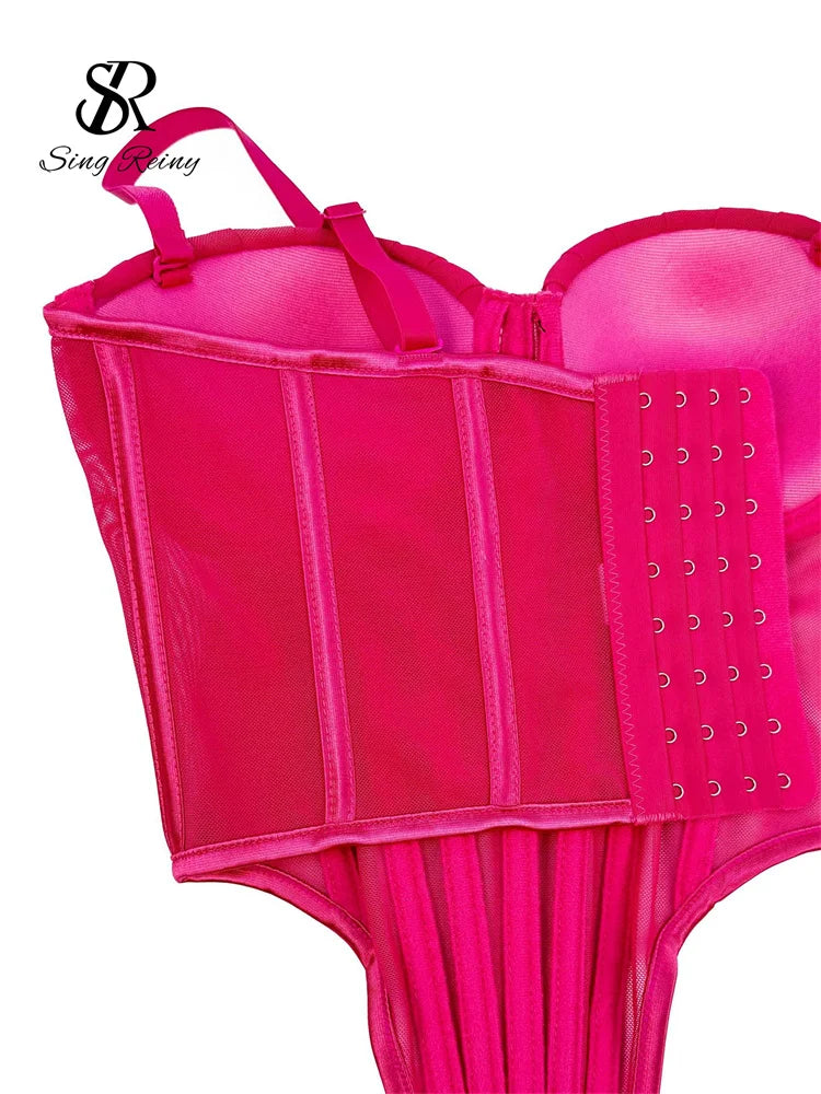 SINGREINY Fashion Solid Corset Lingerie Top Ladies Strap Sheer Mesh Slim Camisole American Retro Backless Beach Sexy Tank Top