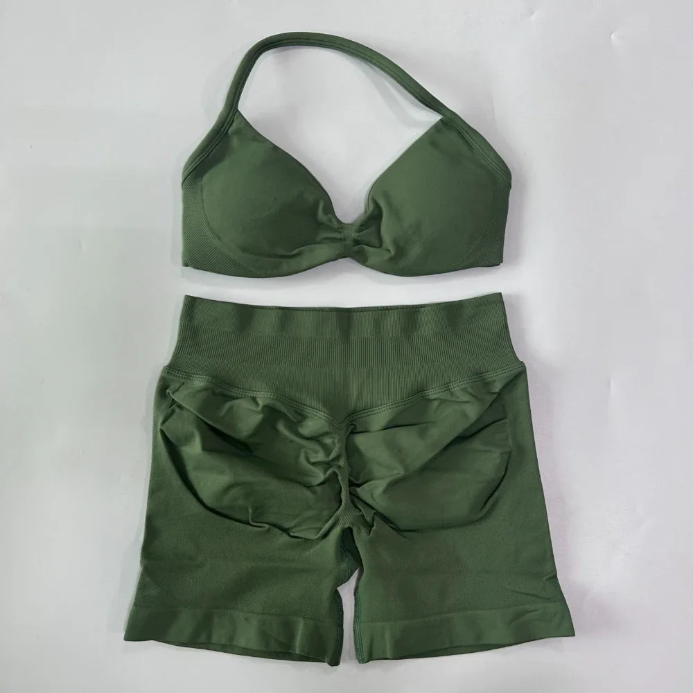 NO LOGO 2PCS Gym Set Women Strappy Yoga Bra Top High Waist Workout Scrunch Shorts Sports Suit Seamless Yoga Set Fitness Clothes
