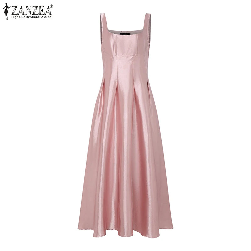 ZANZEA Women's Elegant White Satin Long Dresses Wedding Guest Cocktail Evening Party Dress Square Neck Sleeveless Robes Femme