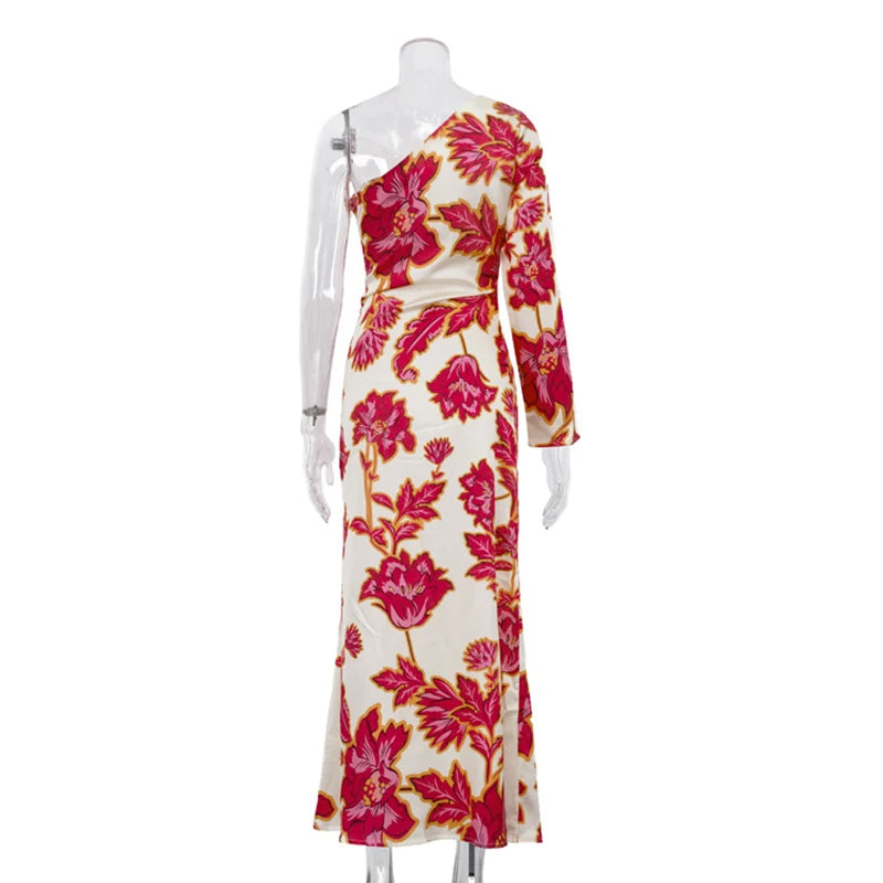Fashion Satin Printing Sloping Shoulders Dresses Spring Women Single Shoulder Sleeves Dress Autumn High Waist Hip Hugging Dress