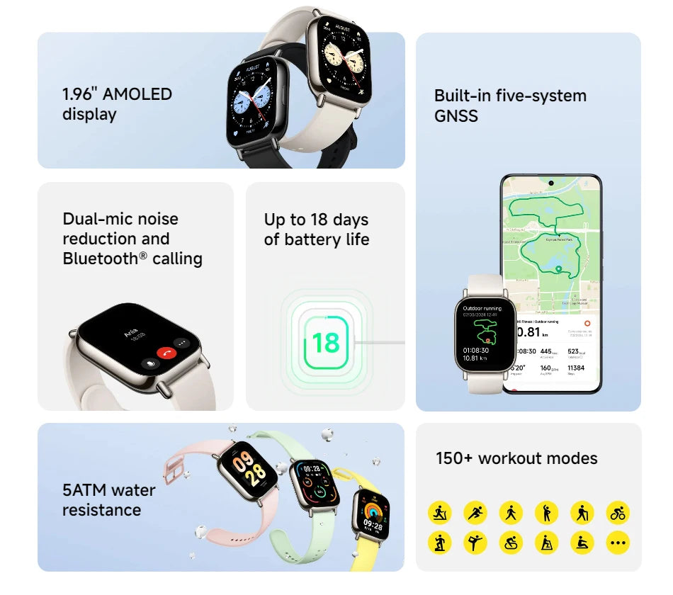 Global Version Redmi Watch 5 Lite 1.96'' AMOLED display 18-Day Battery life Built-in GNSS 5ATM Bluetooth® calling