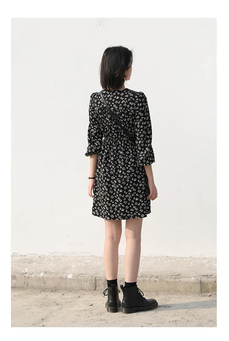 CHIC VEN New Women Dresses Long Sleeved Retro V-neck Black Floral Female Dress Elastic Waisted Lace Up Spring Summer 2026