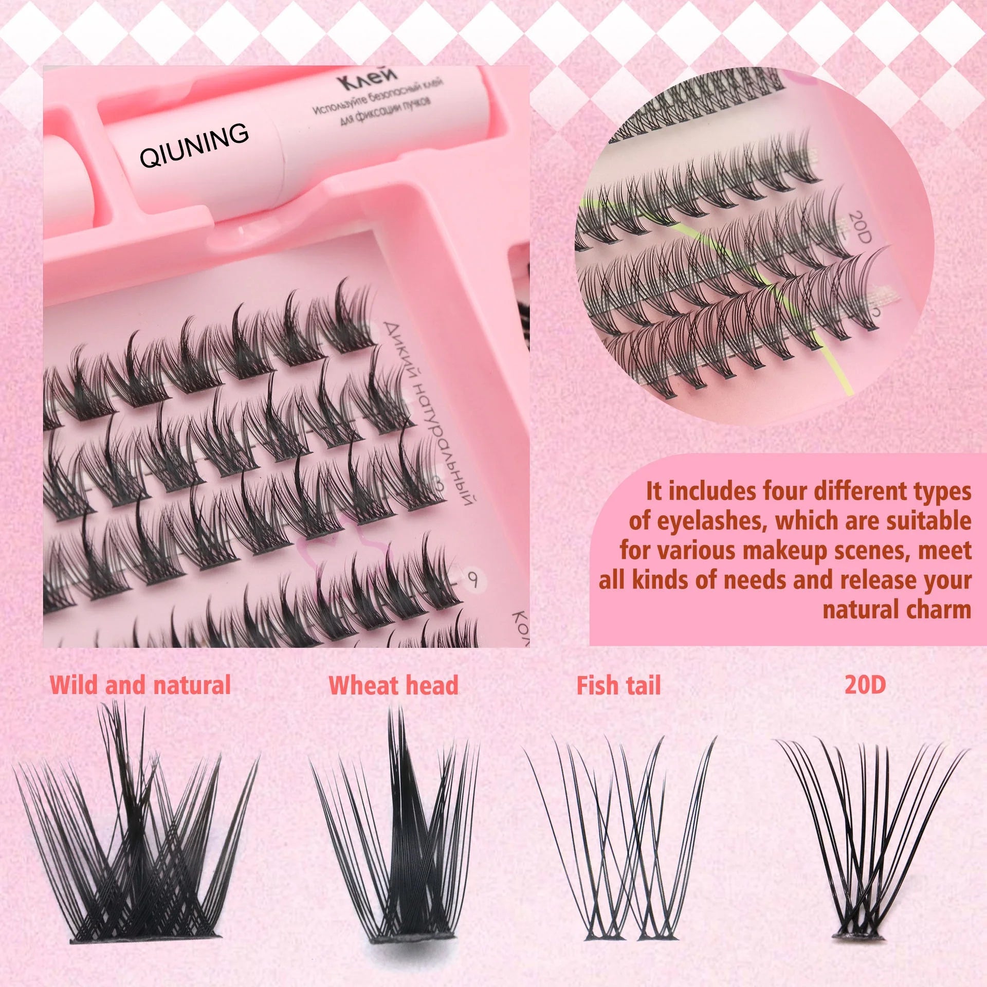 QIUNING Manga Lash Clusters Kit Clear Fairy Wet-Look Spiky Anime Eyelashes Individual Lashes Bond for Cosplay And Makeup