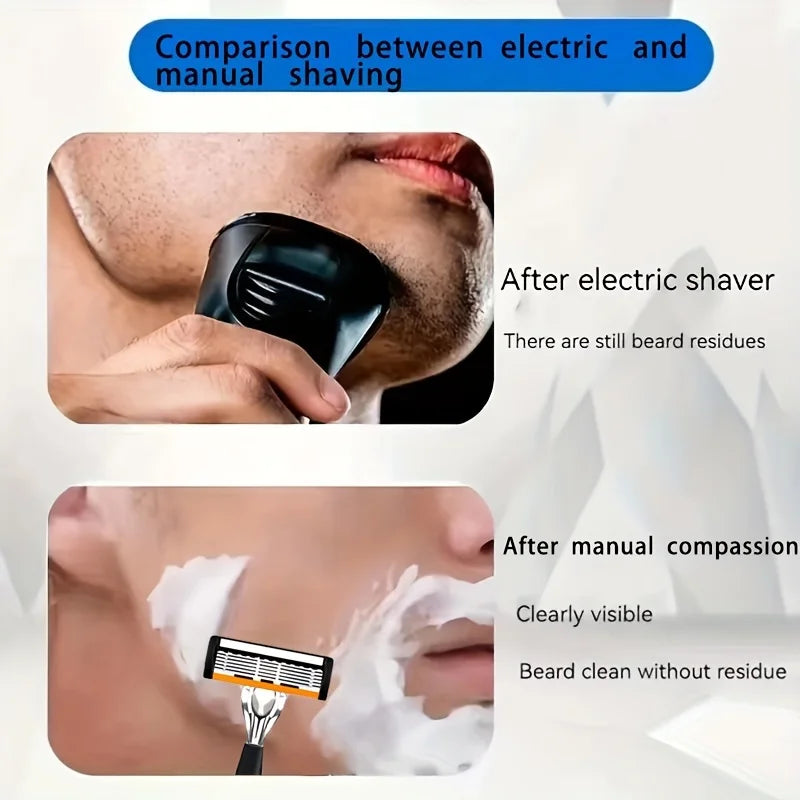Men's 3-Blade Manual Razor with Non-Slip Handle and Multiple Replacement Blades - Ideal for Trimming Beards and Mustaches