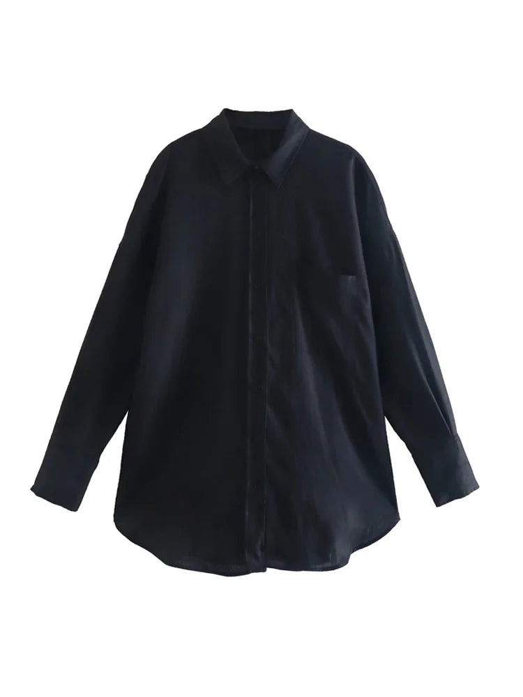 Women Fashion With Pocket Oversized Shirts Vintage Long Sleeve Button-up Female Blouses Blusas Chic Tops