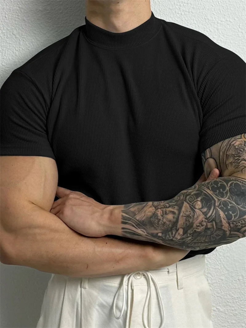 2026 New fashion Men's T-shirt Small high collar stripe shirt short sleeve fitness top leisure sport T-shirt Men sportswear