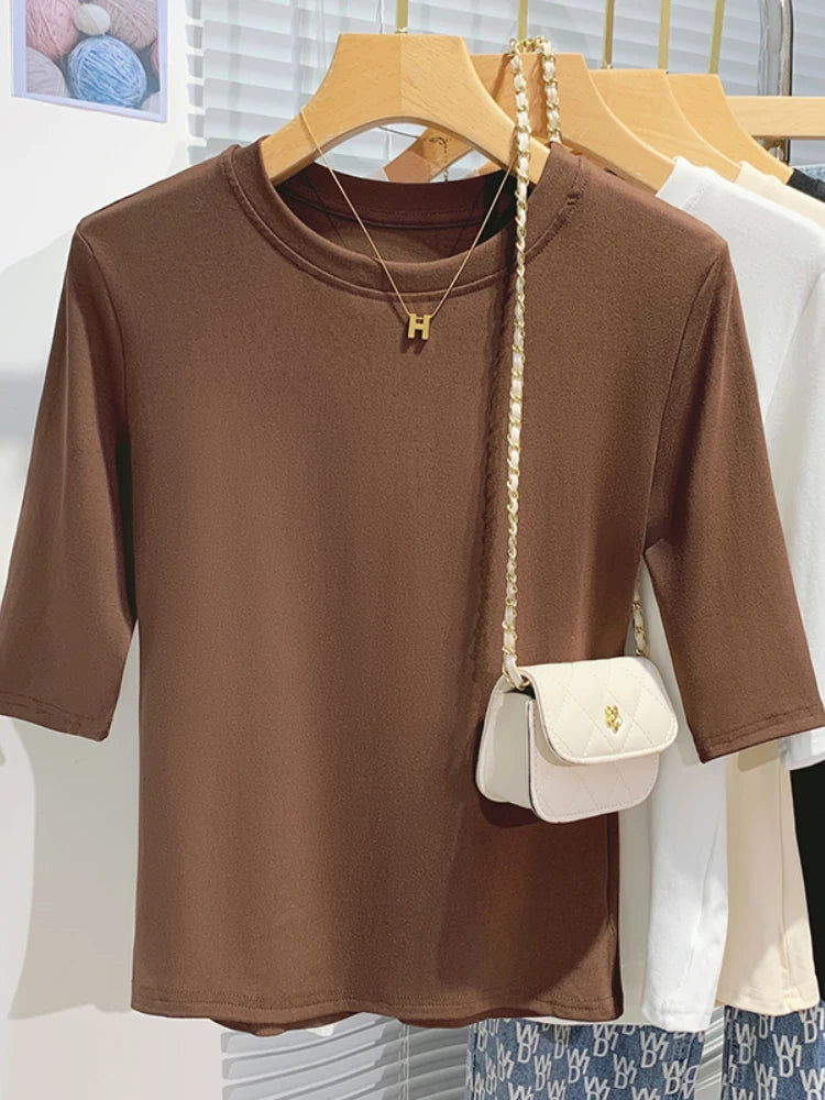 AOSSVIAO 2026 Summer 100% Cotton Women's T-shirt Bottoming Basic Crew Neck Fashionable Solid Lady Short Sleeve Tops Shirts