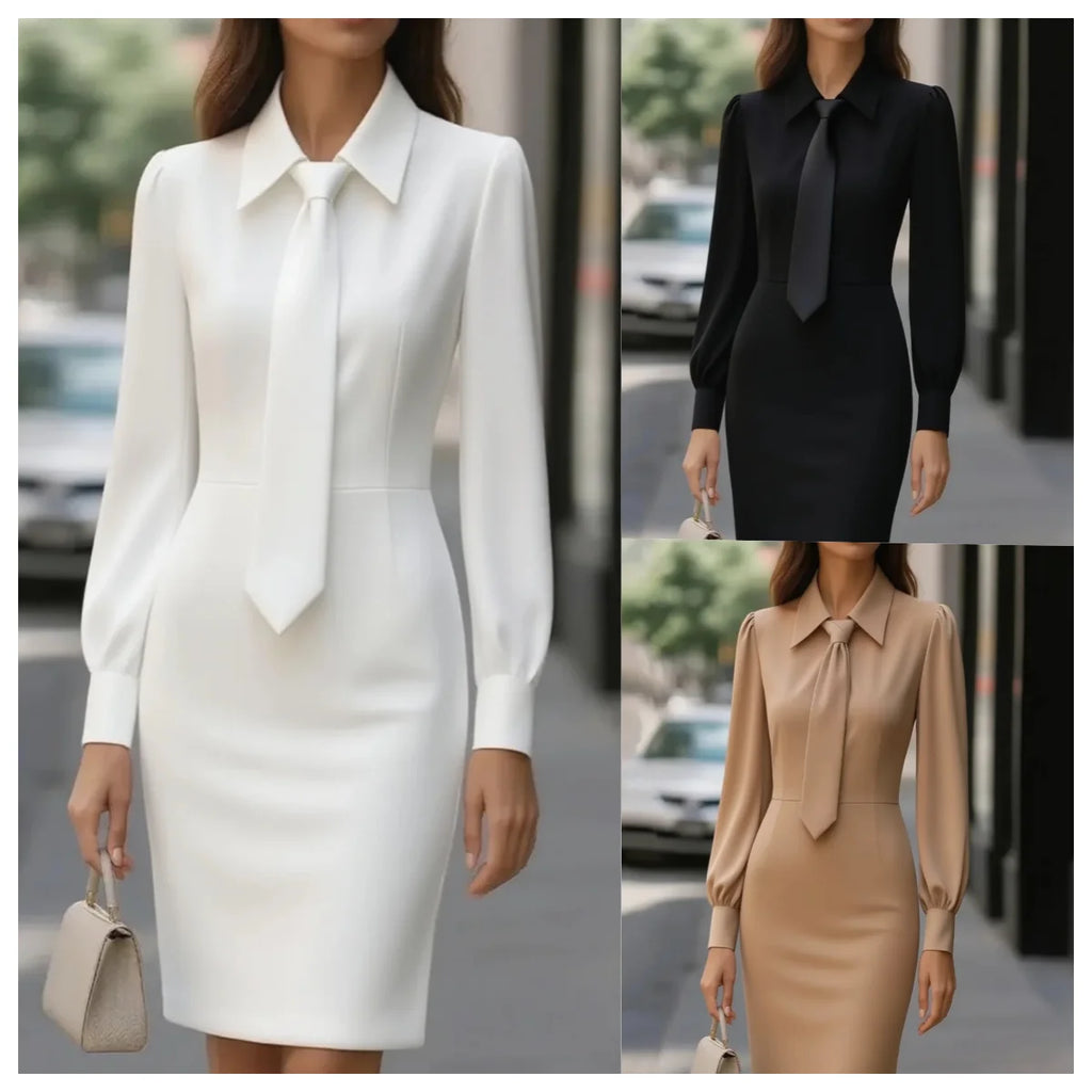 Autumn fashion temperament solid colour waist tie long-sleeved dress women