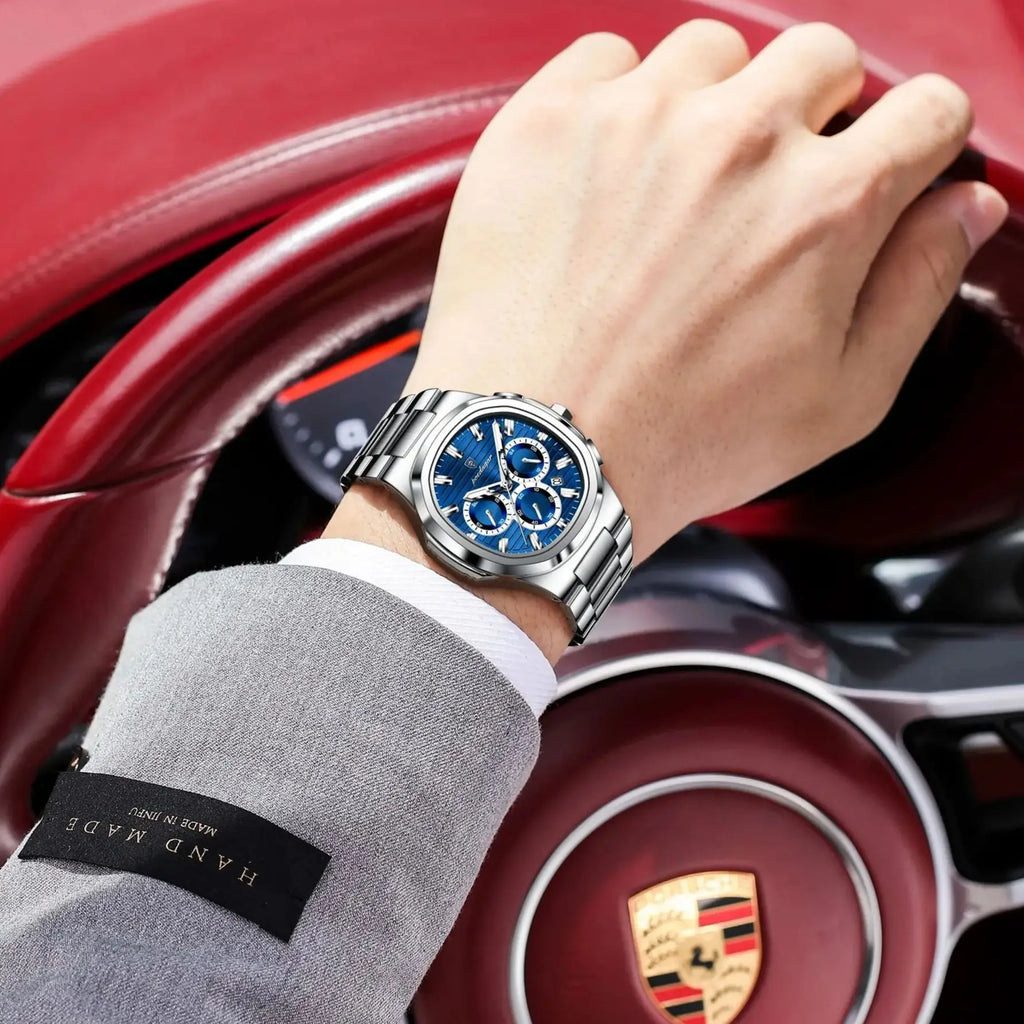POEDAGAR Business Man Wristwatch Date Chronograph Waterproof Luminous Luxury Men Watch Stainless Steel Quartz Men's Watches Male