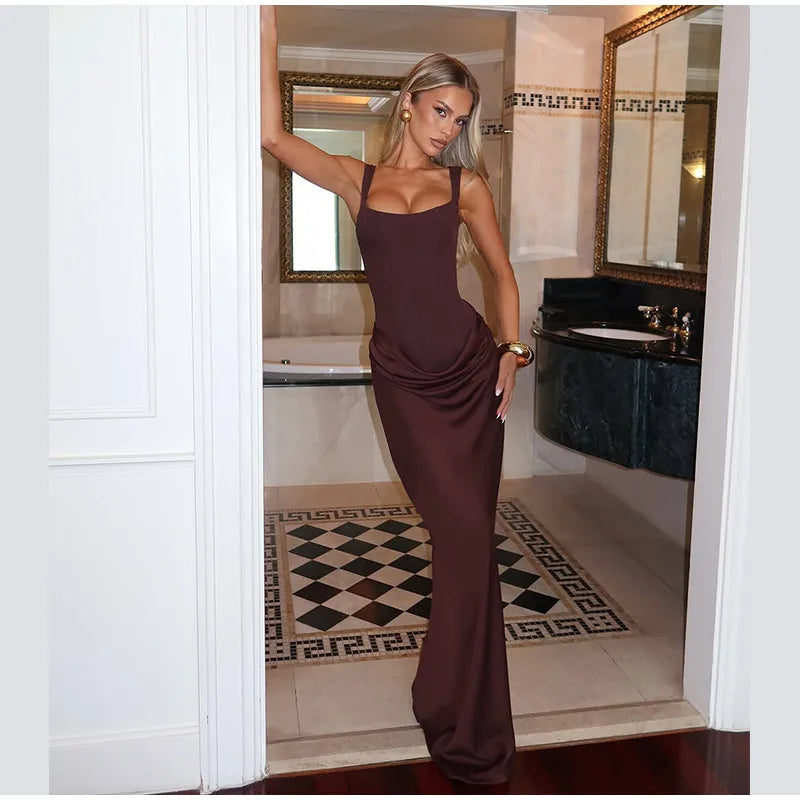 Women's Red Pleated Sling Maxi Dress Square Neck Sleeveless Off-shoulder Waist Cinching Slim Dresses Fashion Evening Party Gowns