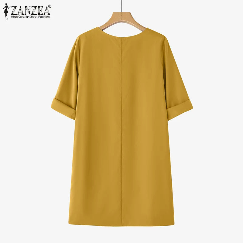 ZANZEA Elegant Women Party Dress 2026 Summer Fashion 3/4 Sleeve Casual Shirt Vestidos Pockets Loose Solid Knee-length Sundress