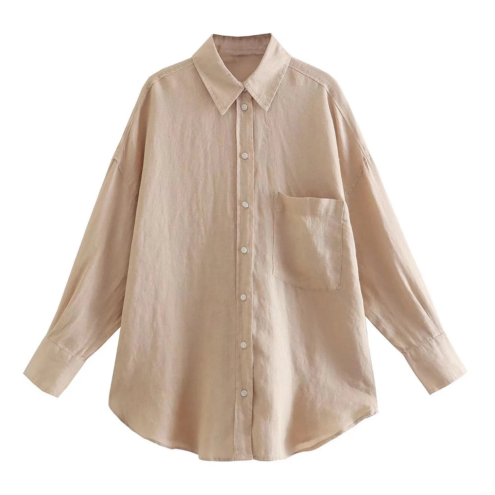 Women Fashion With Pocket Oversized Shirts Vintage Long Sleeve Button-up Female Blouses Blusas Chic Tops