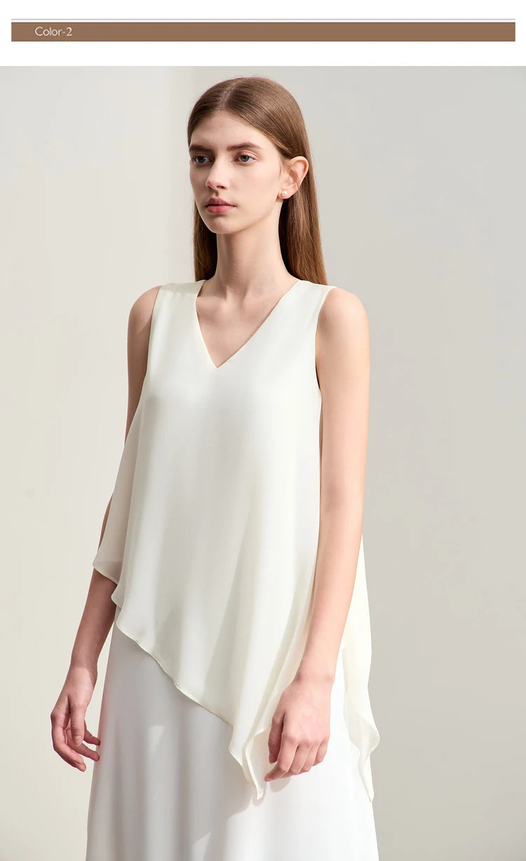 Amii Minimalism 2024 Women Dresses Summer New Vacation Style V-neck Spliced Chiffon Female Sleeveless Loose Dress 12452102