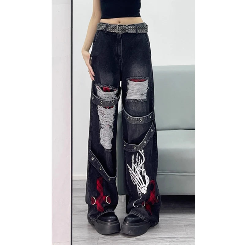 Y2k American-style hot girl ripped casual jeans for women straight-cut high-waisted loose wide-leg large-size floor-length pants