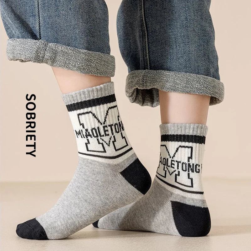 5 Pairs Letter Children Boys Sports Socks High Quility Cotton Combed Comfortable Soft Sweat Absorbing Elastic Mid-calf Kids Sock