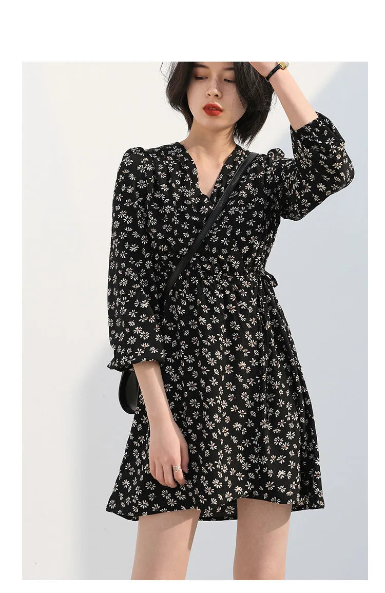 CHIC VEN New Women Dresses Long Sleeved Retro V-neck Black Floral Female Dress Elastic Waisted Lace Up Spring Summer 2026