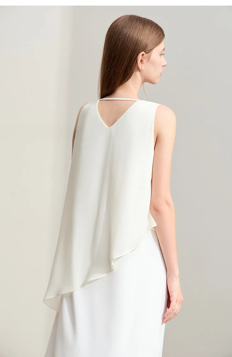 Amii Minimalism 2024 Women Dresses Summer New Vacation Style V-neck Spliced Chiffon Female Sleeveless Loose Dress 12452102