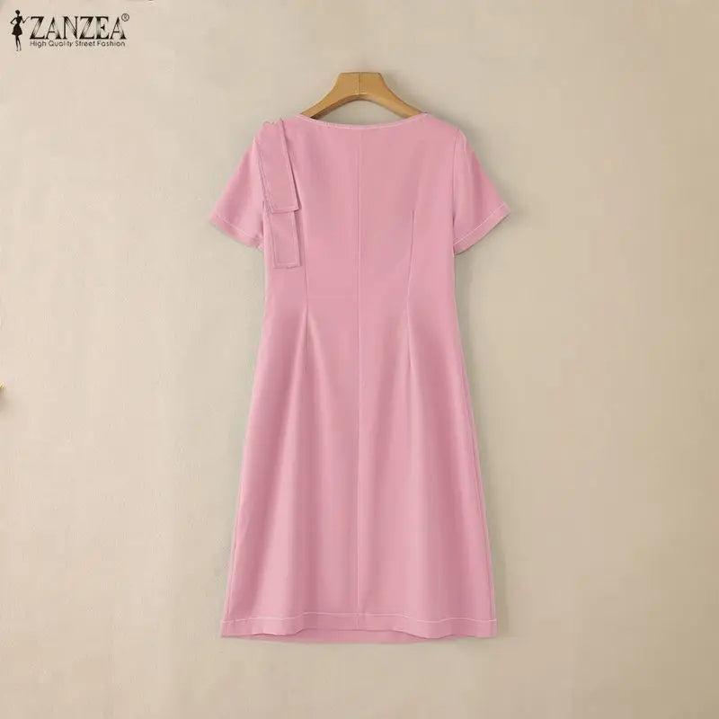 ZANZEA Elegant Women OL Work Dresses 2026 Summer Short Sleeve Solid Knee Length Dress Robe Stylish A Line Waisted Party Vestidos