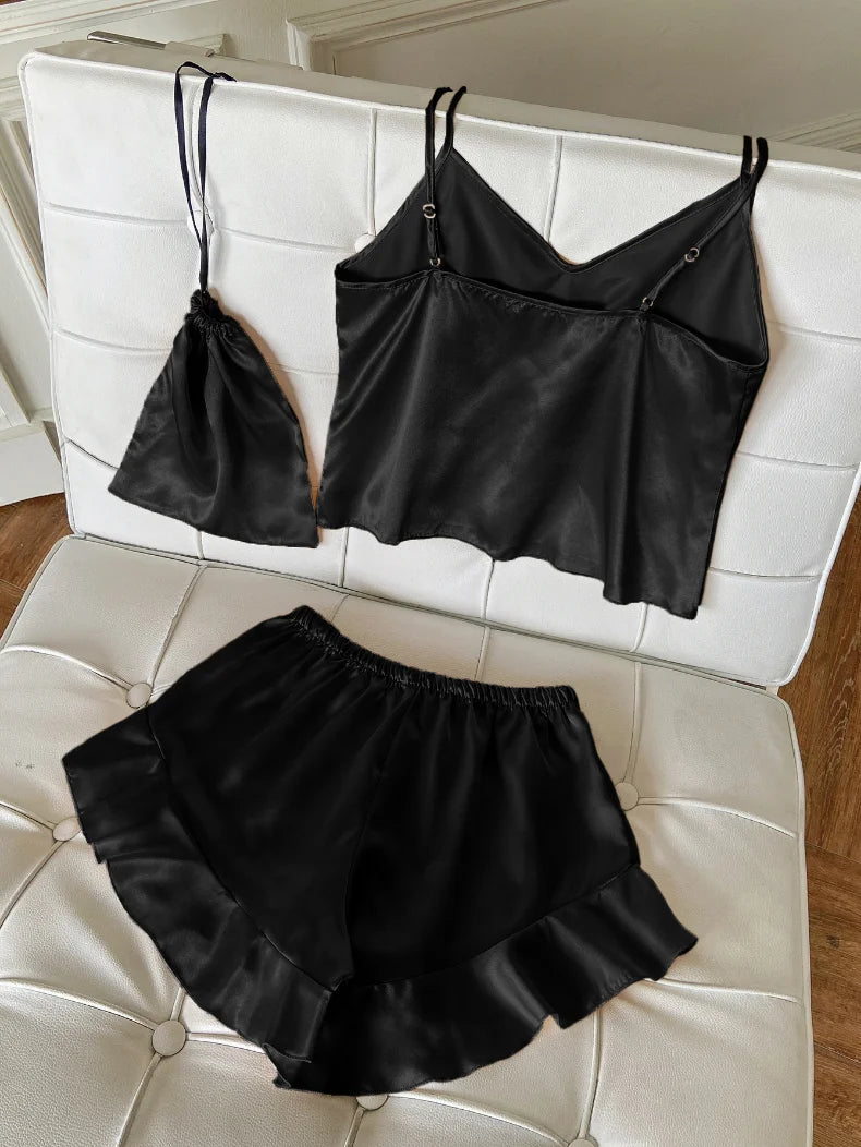 Fashion Sexy Underwear Set Women's 2 Pieces Sleepwear Pyjamas Silk Satin Bellyband Cami Top and Shorts Pajamas for Women Pijamas