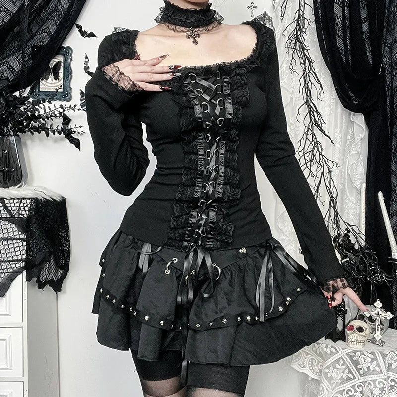 Goth Black Lace Trim Long Sleeve T-Shirts Vintage Sexy Lace-up Square Collar Tops with Choker Cross Women Autumn Tees