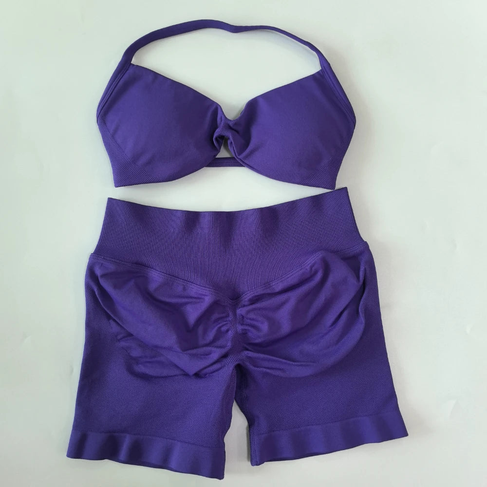 NO LOGO 2PCS Gym Set Women Strappy Yoga Bra Top High Waist Workout Scrunch Shorts Sports Suit Seamless Yoga Set Fitness Clothes