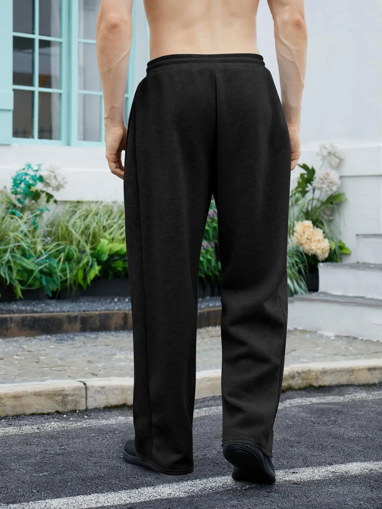 Men's Solid Color Sanitary Pants 2025 Drawstring Waist Straight Wide Leg Loose Fit with Pockets Versatile Sports Trousers