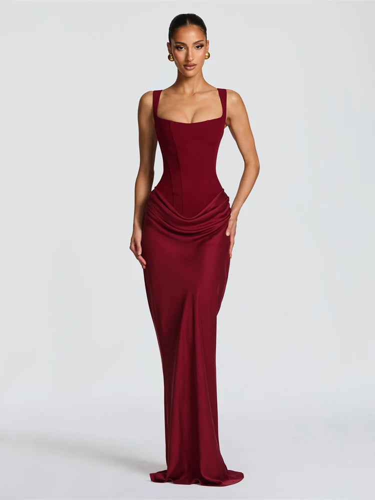 Women's Red Pleated Sling Maxi Dress Square Neck Sleeveless Off-shoulder Waist Cinching Slim Dresses Fashion Evening Party Gowns