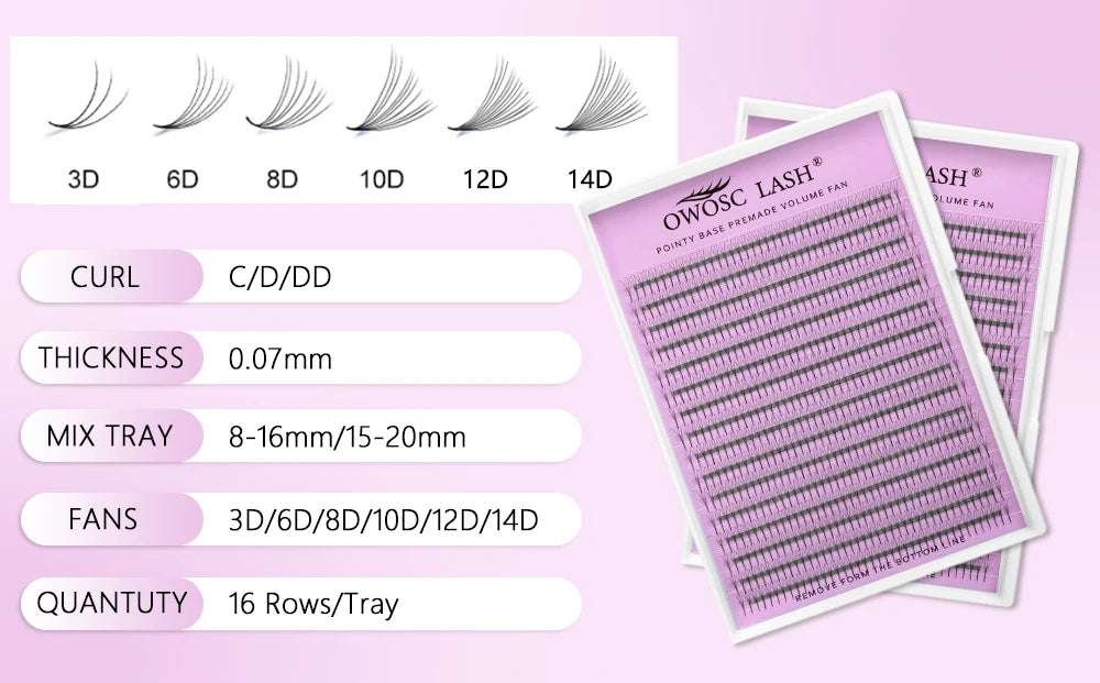 OWOSC Pointy Base Premade Volume Fans Eyelash Extension 3D/6D/8D/10D/12D/14D Individual Sharp Pointy Stem 320 fans Custom Logo